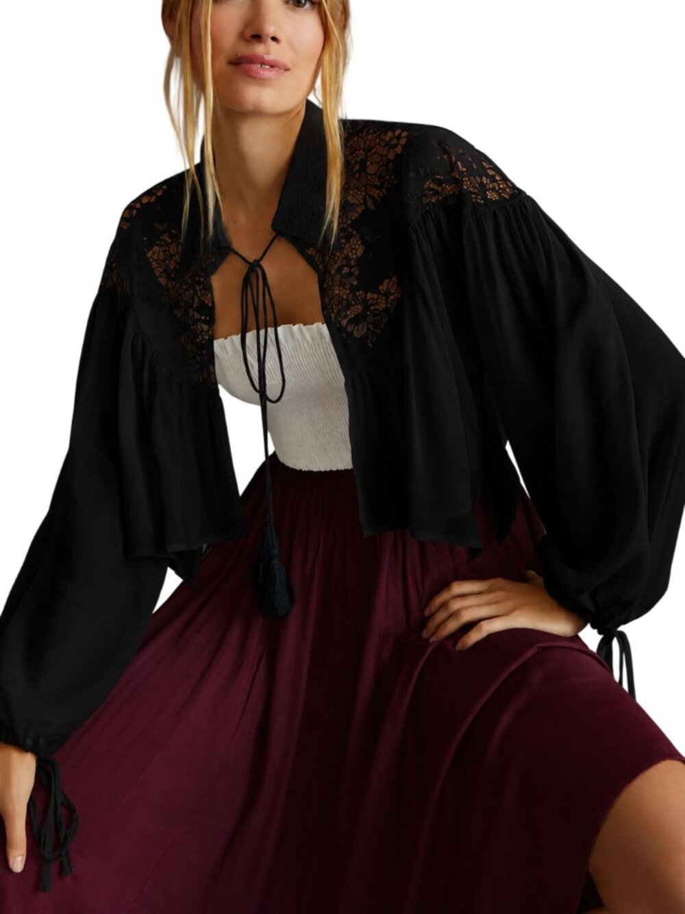 Anthropologie House Of Harlow 1960 Cropped Lace Shrug Long Sleeve Black One Size